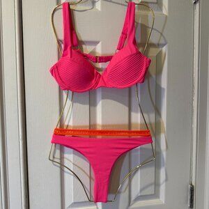 Hot Pink Structured Bikini Set w/ Orange Trim - S